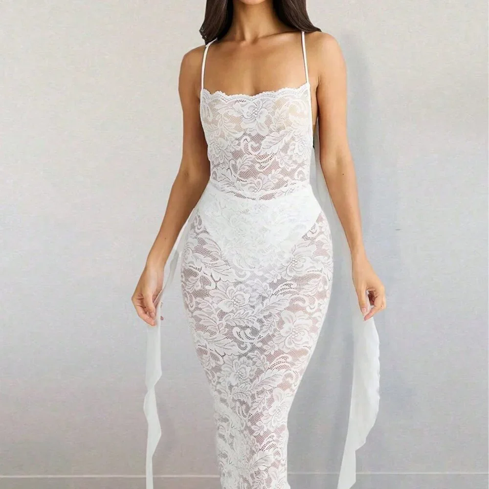 White Elegant Women's Lace Trim Smocked Floral Chiffon Ruffle Dress